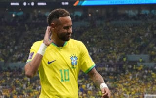 Brazil's Neymar gestures during the World Cup group G soccer match between Brazil and Serbia, at the Lusail Stadium in Lusail, Qatar, Thursday, Nov. 24, 2022. (AP Photo/Themba Hadebe)