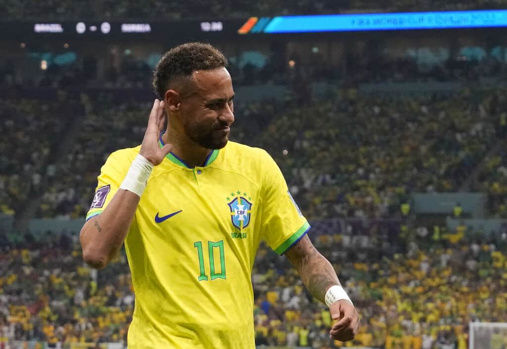 Brazil's Neymar gestures during the World Cup group G soccer match between Brazil and Serbia, at the Lusail Stadium in Lusail, Qatar, Thursday, Nov. 24, 2022. (AP Photo/Themba Hadebe)