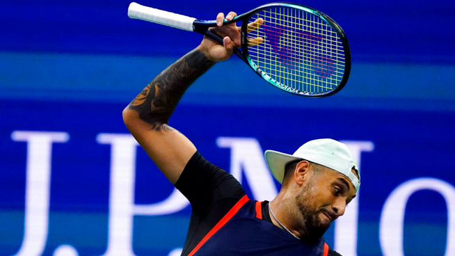 Nick Kyrgios smashing his tennis racket at 2022 US Open